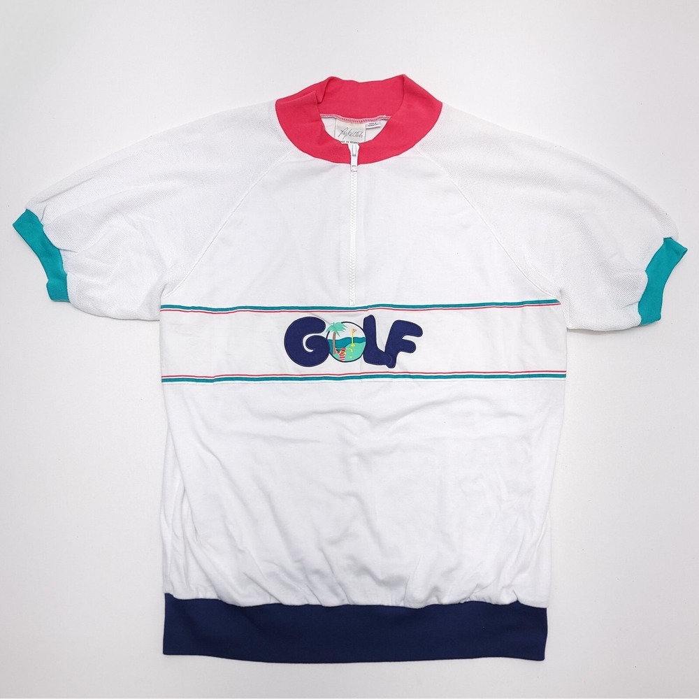 Vintage 80's‎ Golf Shirt Large 1/2 Zip Pullover White Miami Island Retro READ